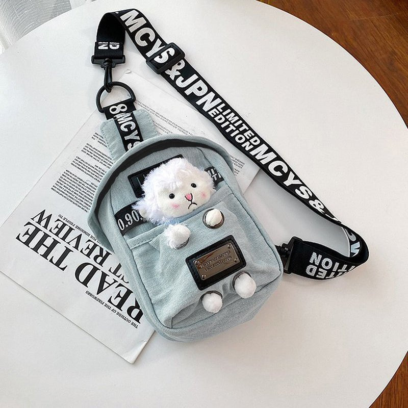 Kawaii Denim Crossbody Sling Bag with Sheep Charm Adjustable Strap