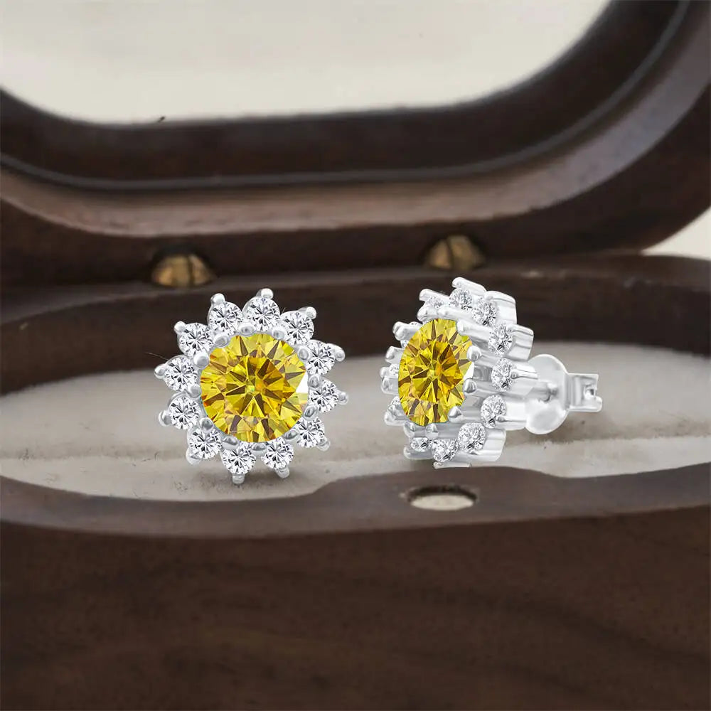 Moissanite Sunburst Halo Stud Earrings in Sterling Silver